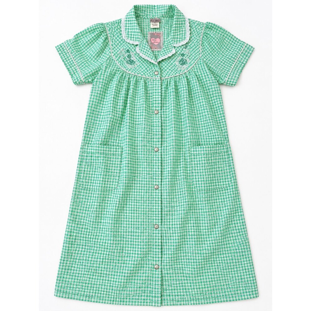Vintage Yati Fashion Green Gingham Seersucker Snap Front House Dress S NWT